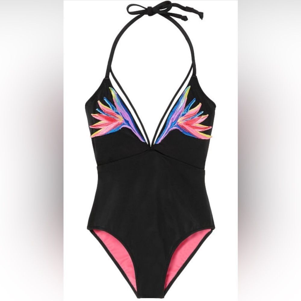 Victoria’s Sevret Pink Black Embroidered V Neck One Piece Swimsuit Size Medium